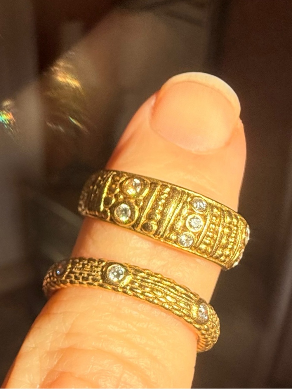 Gold Textured Band Rings with Clear Stones - Women Jewelry
